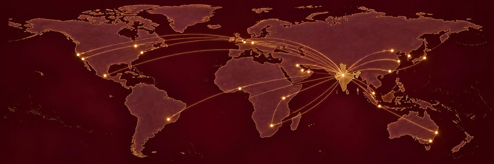 Accurate world map with business connection routes radiating from India toward North and South America, Europe, the Middle East, Africa, East Asia and Australia